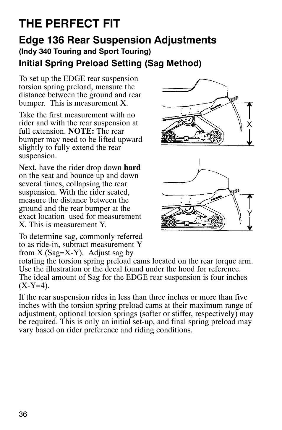 The perfect fit, Edge 136 rear suspension adjustments | Polaris 340 Classic User Manual | Page 38 / 144