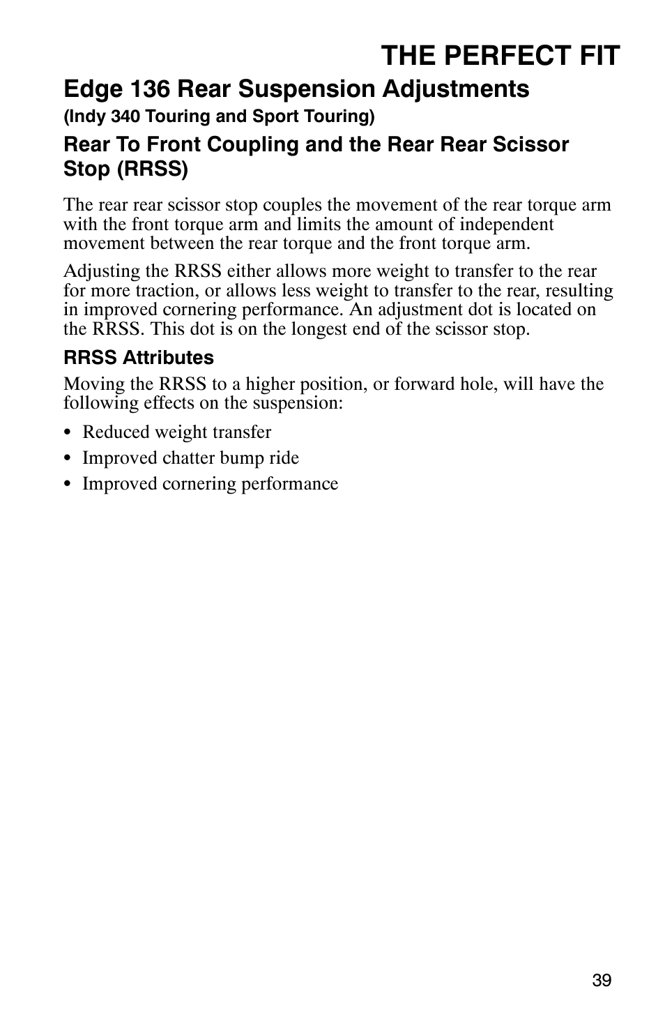 The perfect fit, Edge 136 rear suspension adjustments | Polaris 340 Classic User Manual | Page 41 / 144