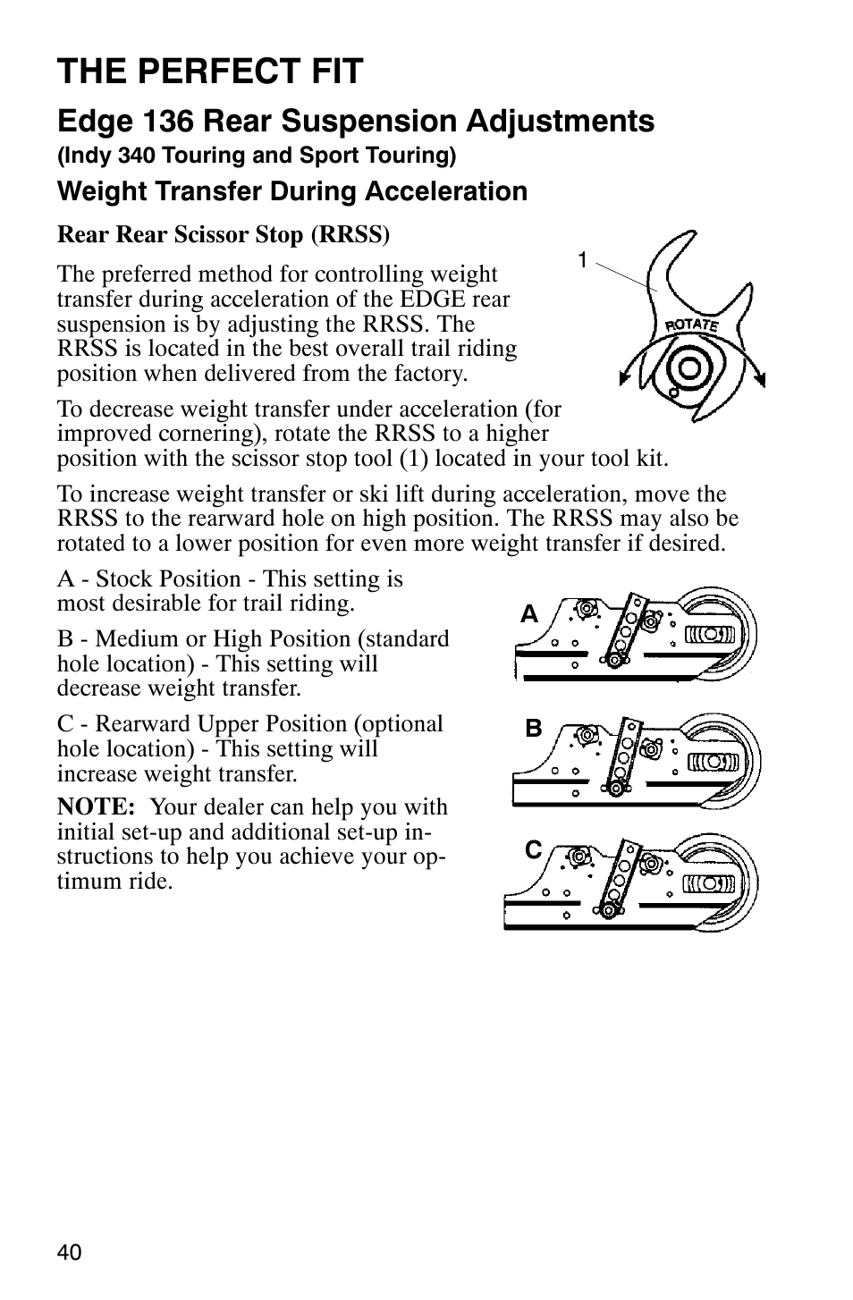 The perfect fit, Edge 136 rear suspension adjustments | Polaris 340 Classic User Manual | Page 42 / 144