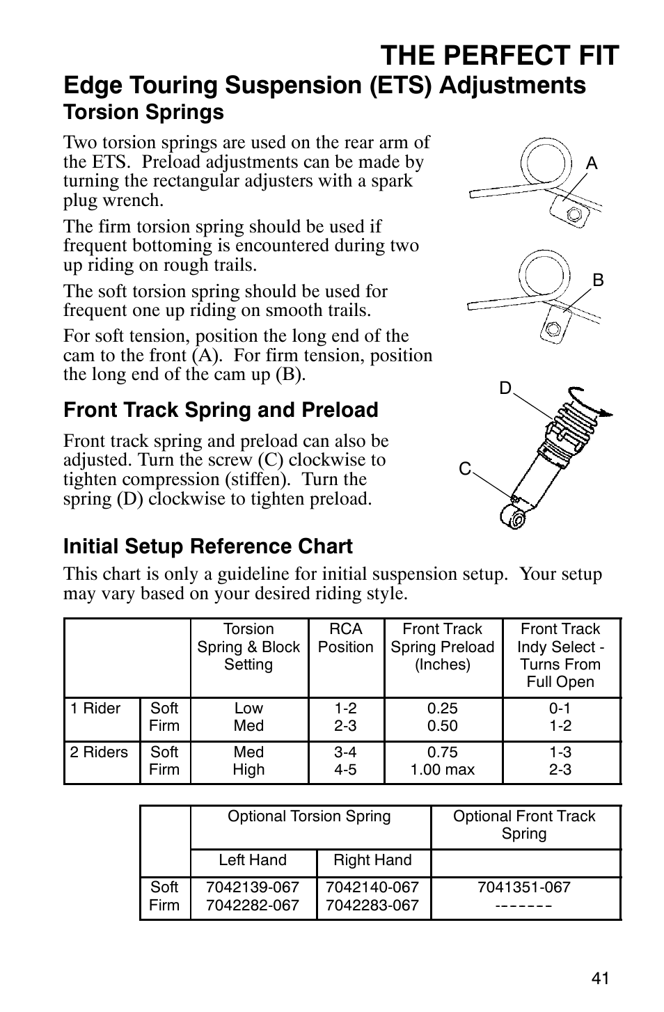 The perfect fit, Edge touring suspension (ets) adjustments, Torsion springs | Front track spring and preload, Initial setup reference chart | Polaris 340 Classic User Manual | Page 43 / 144