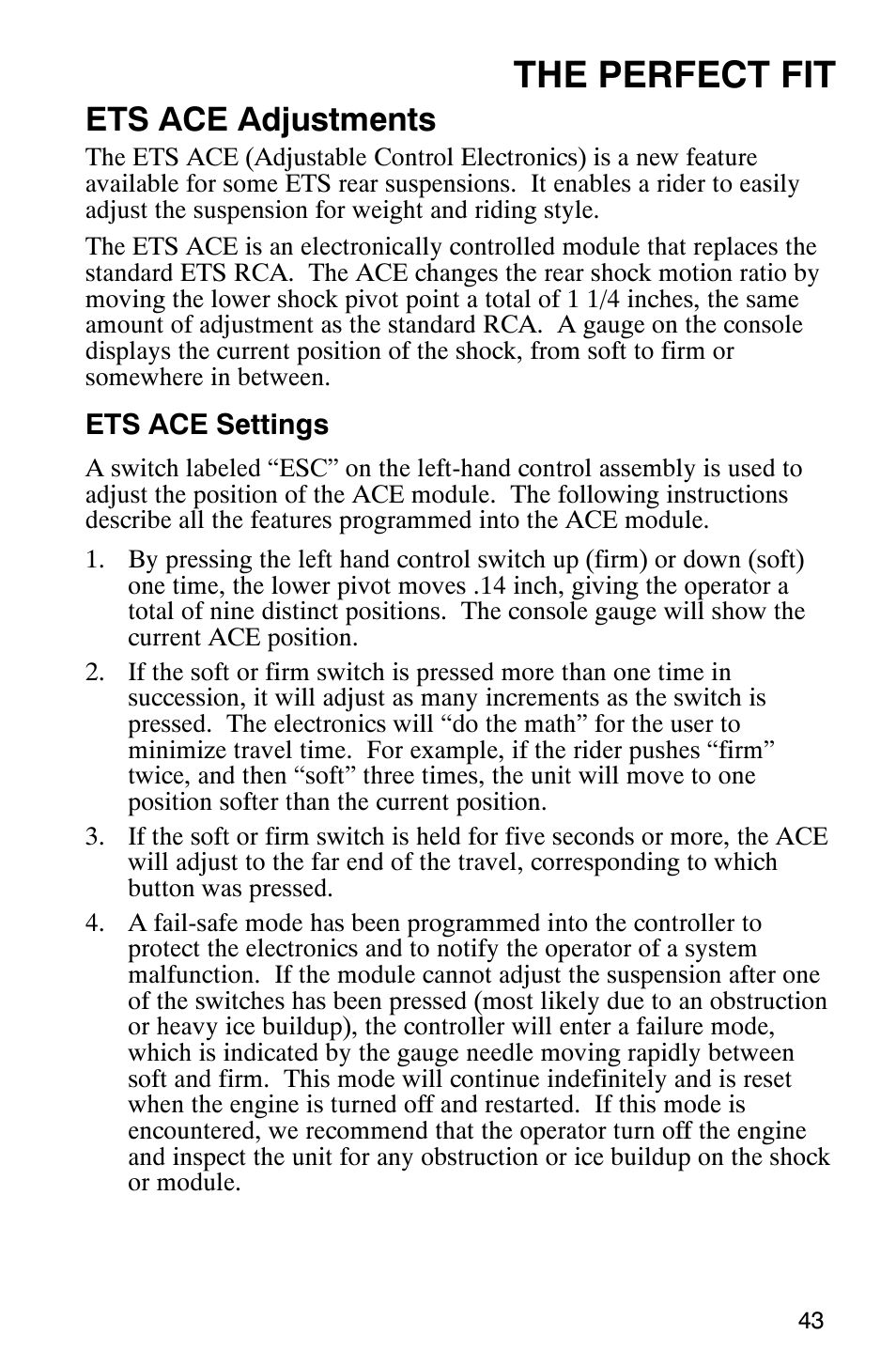 The perfect fit, Ets ace adjustments | Polaris 340 Classic User Manual | Page 45 / 144