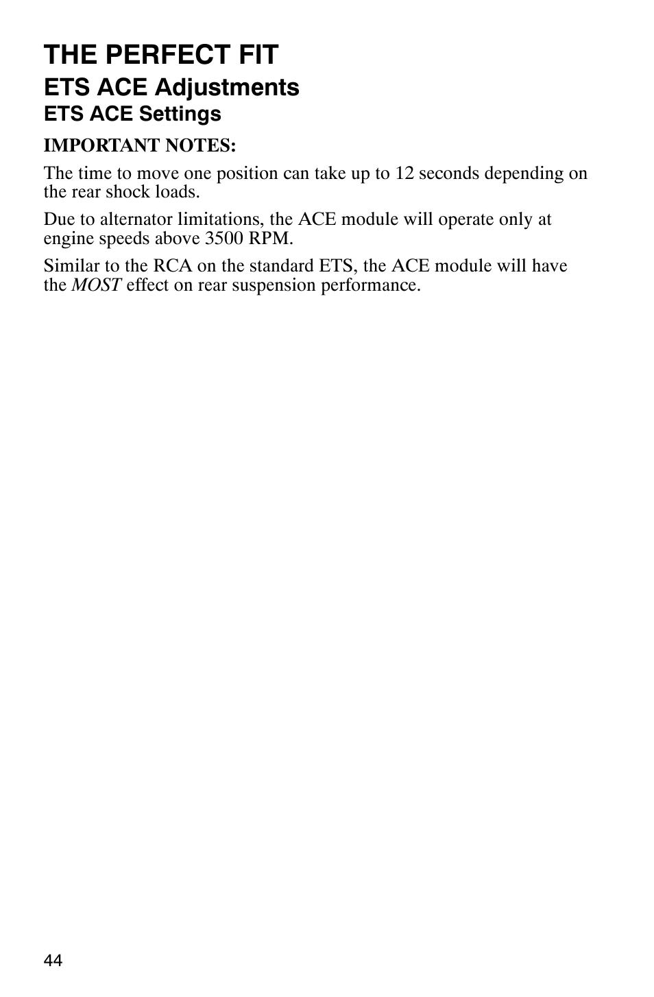 The perfect fit, Ets ace adjustments | Polaris 340 Classic User Manual | Page 46 / 144