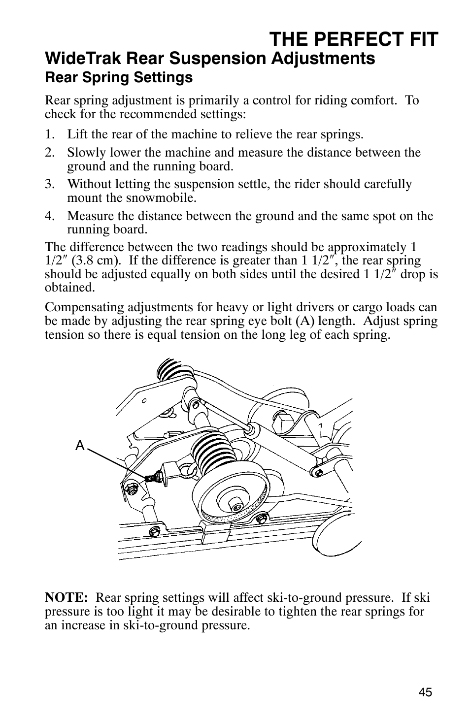 The perfect fit, Widetrak rear suspension adjustments | Polaris 340 Classic User Manual | Page 47 / 144