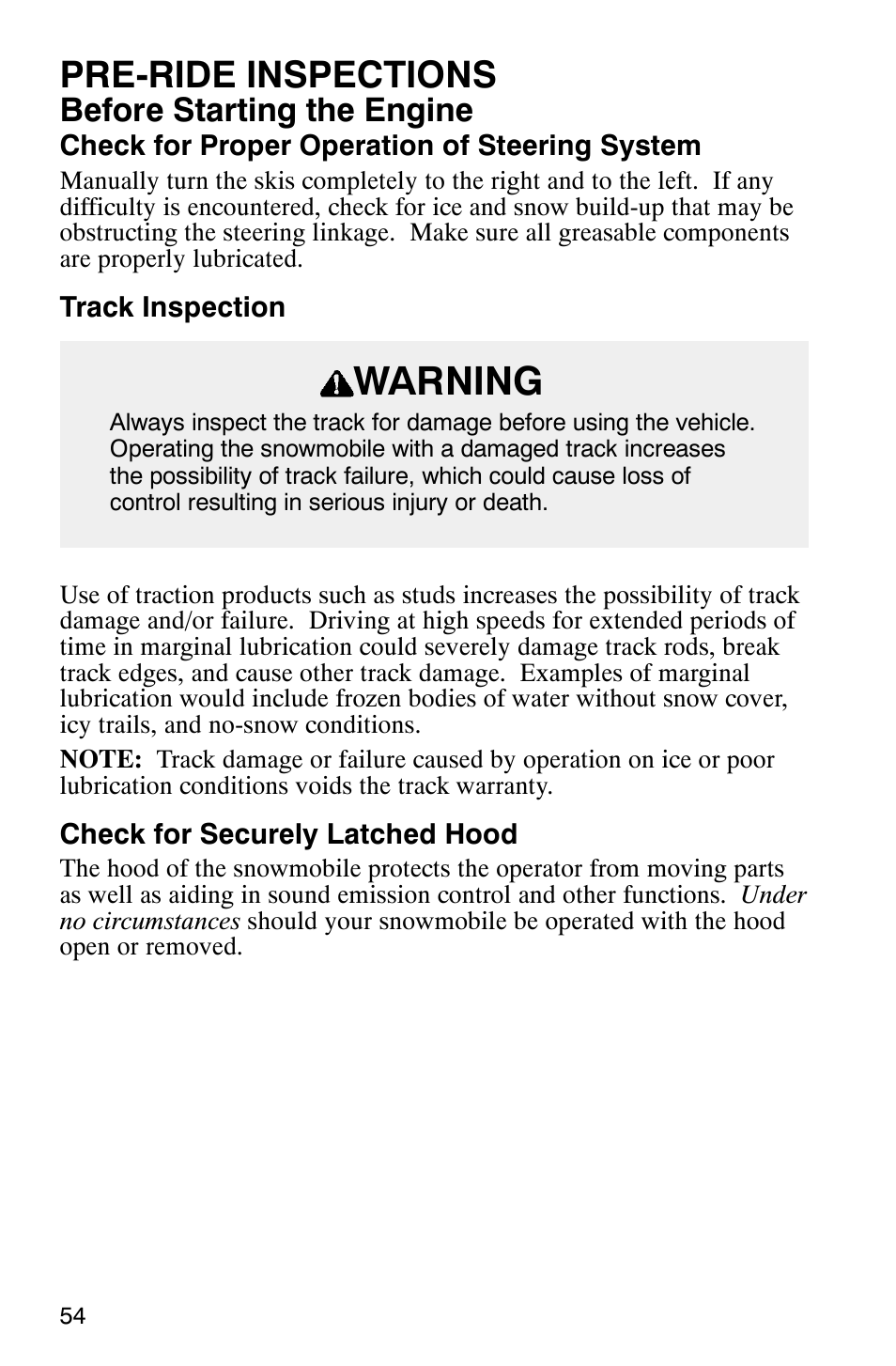 Warning, Pre-ride inspections, Before starting the engine | Polaris 340 Classic User Manual | Page 56 / 144