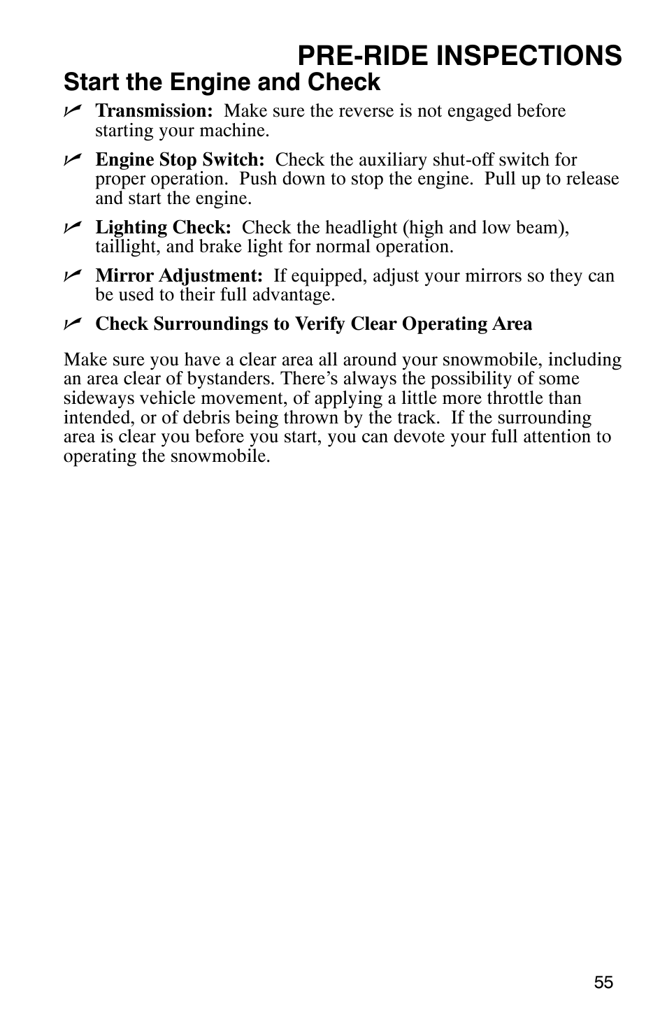 Pre-ride inspections, Start the engine and check | Polaris 340 Classic User Manual | Page 57 / 144