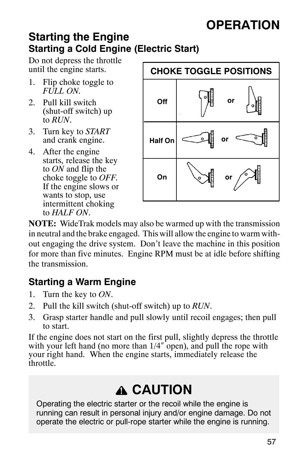 Caution, Operation, Starting the engine | Polaris 340 Classic User Manual | Page 59 / 144