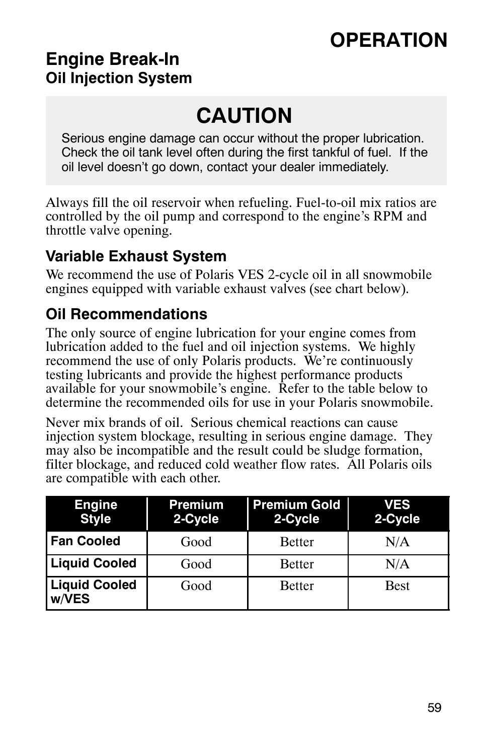 Caution, Operation, Engine break-in | Polaris 340 Classic User Manual | Page 61 / 144