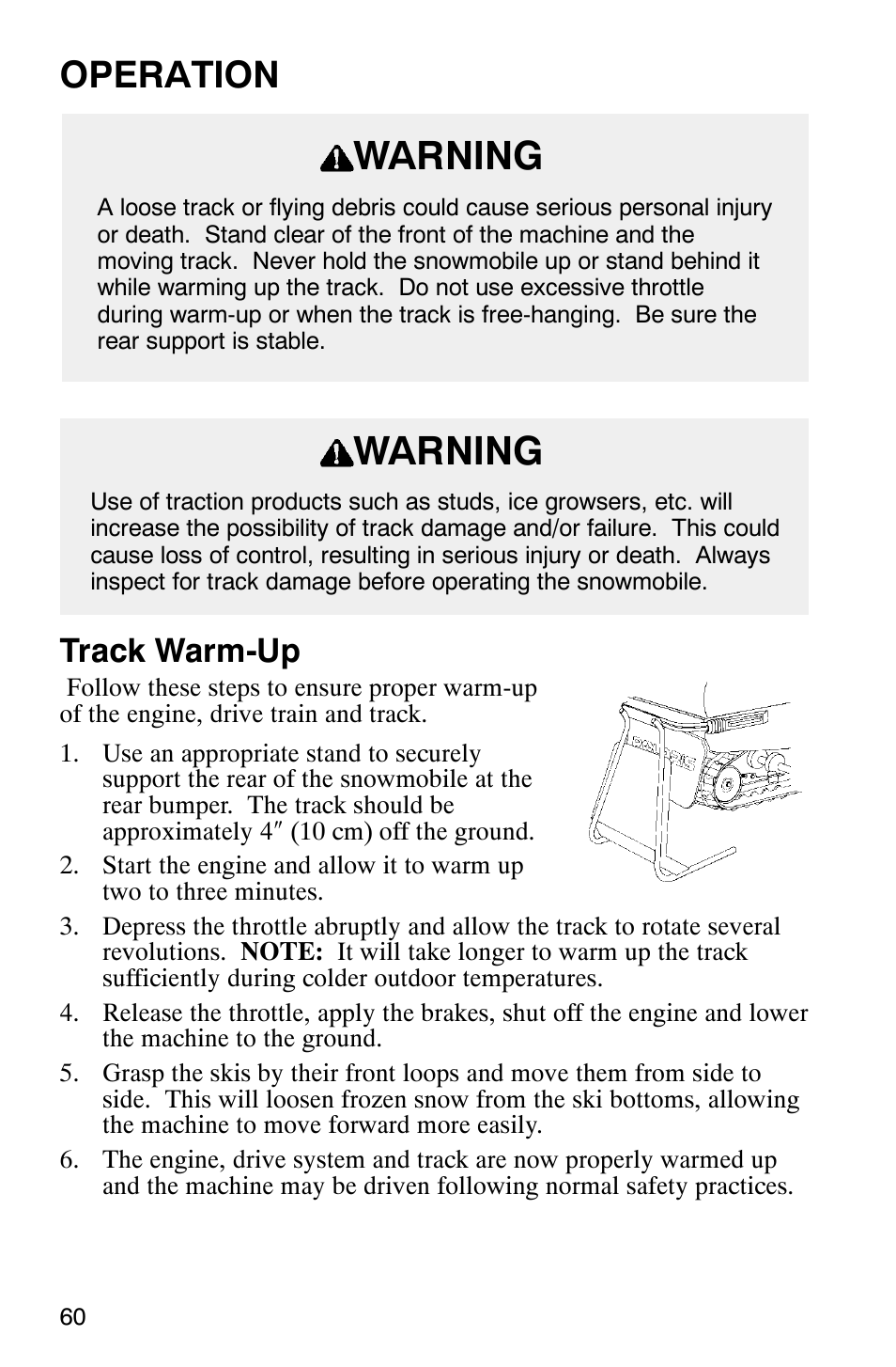 Warning, Operation, Track warm-up | Polaris 340 Classic User Manual | Page 62 / 144