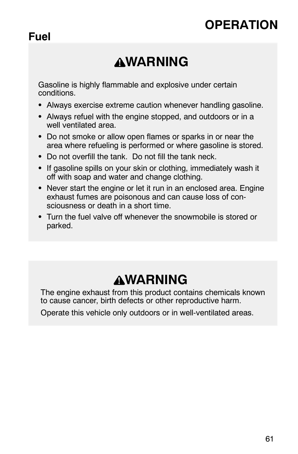 Warning, Operation, Fuel | Polaris 340 Classic User Manual | Page 63 / 144