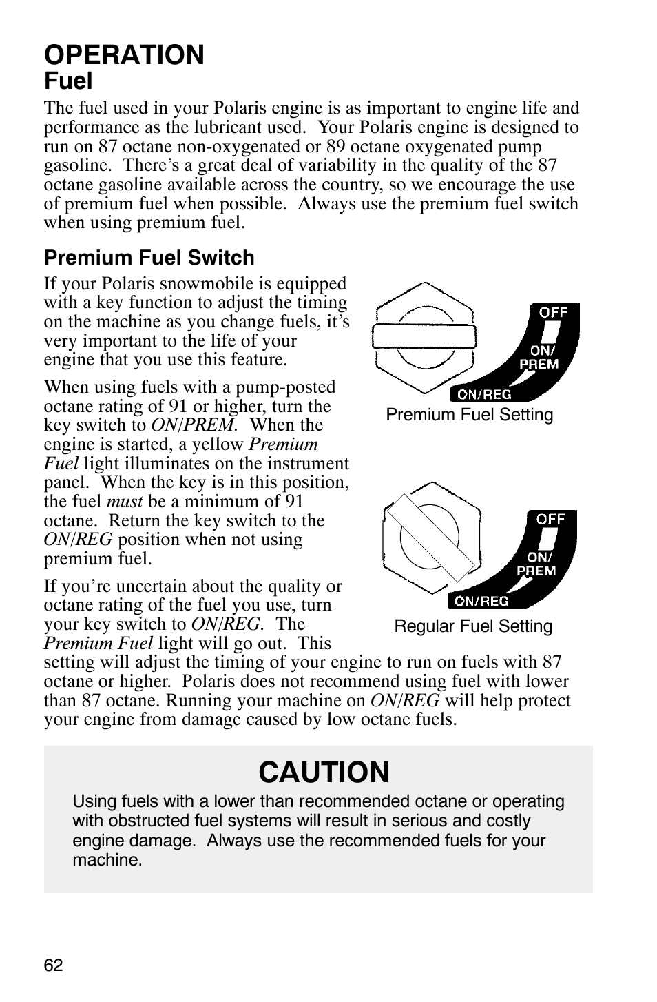 Caution, Operation, Fuel | Polaris 340 Classic User Manual | Page 64 / 144