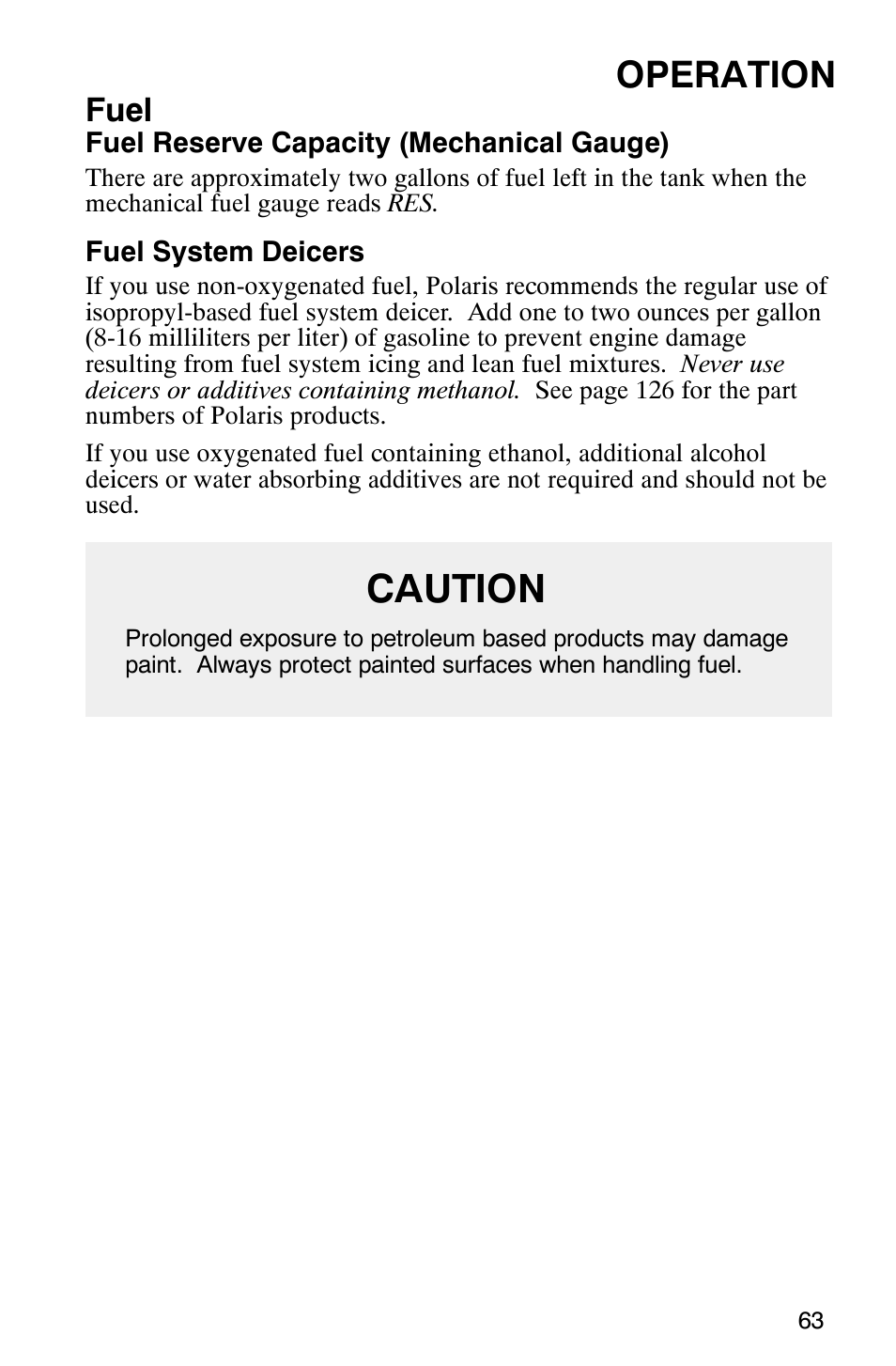 Caution, Operation, Fuel | Polaris 340 Classic User Manual | Page 65 / 144