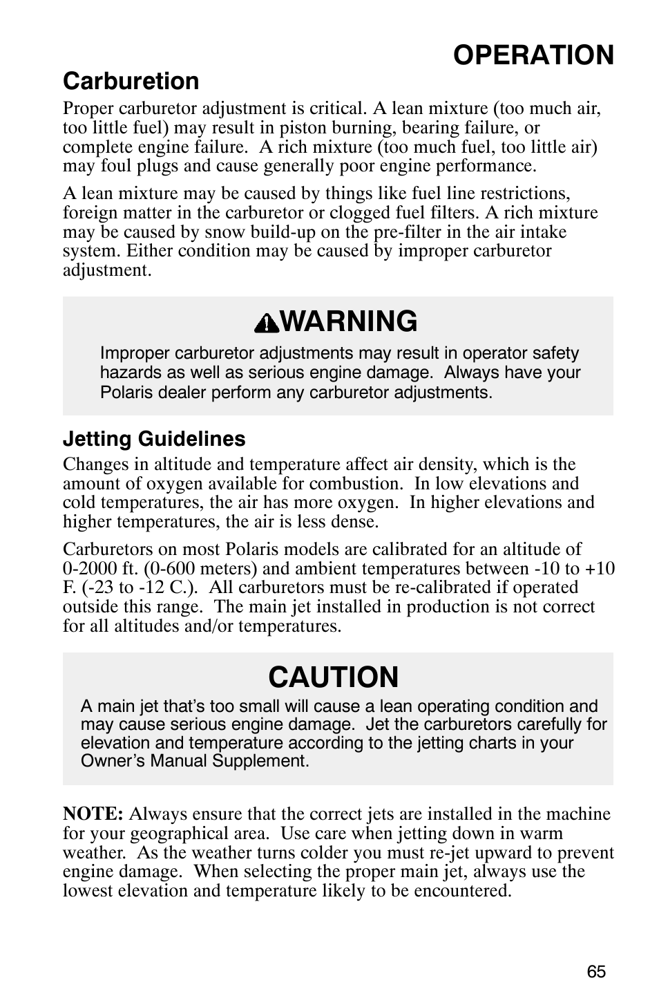 Warning caution, Operation, Carburetion | Polaris 340 Classic User Manual | Page 67 / 144