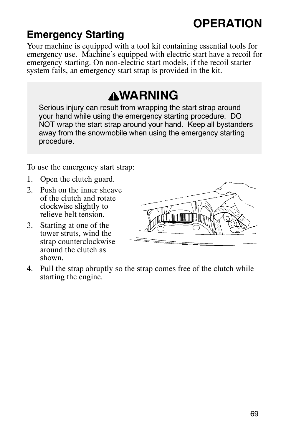 Warning, Operation, Emergency starting | Polaris 340 Classic User Manual | Page 71 / 144