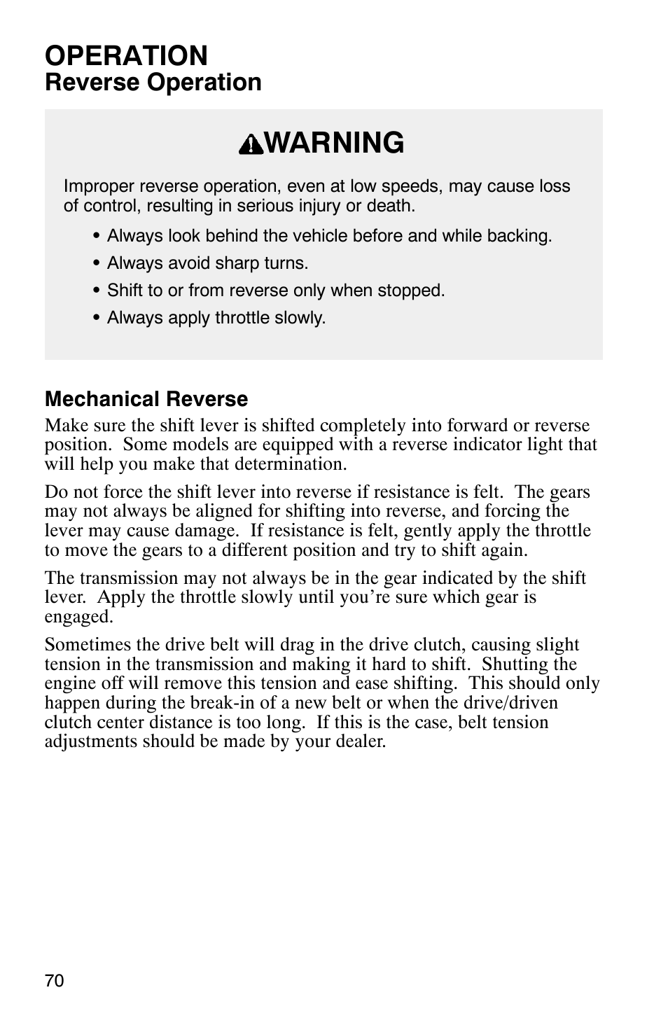 Warning, Operation, Reverse operation | Polaris 340 Classic User Manual | Page 72 / 144