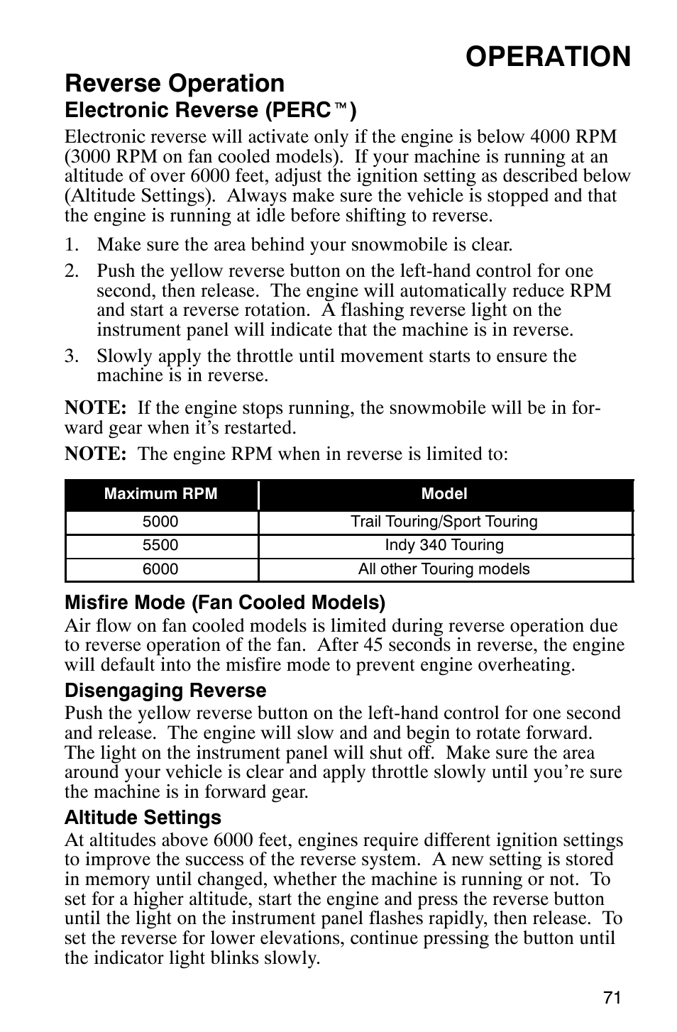 Operation, Reverse operation, Electronic reverse (perc t ) | Polaris 340 Classic User Manual | Page 73 / 144