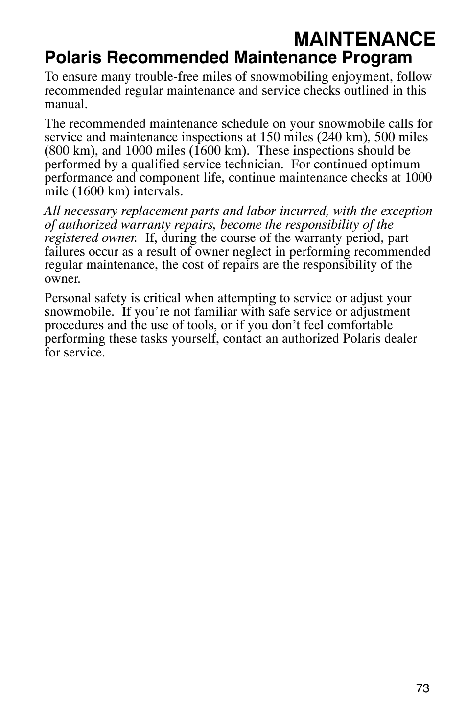 Maintenance, Polaris recommended maintenance program | Polaris 340 Classic User Manual | Page 75 / 144