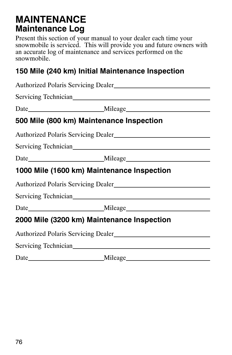 Maintenance, Maintenance log | Polaris 340 Classic User Manual | Page 78 / 144