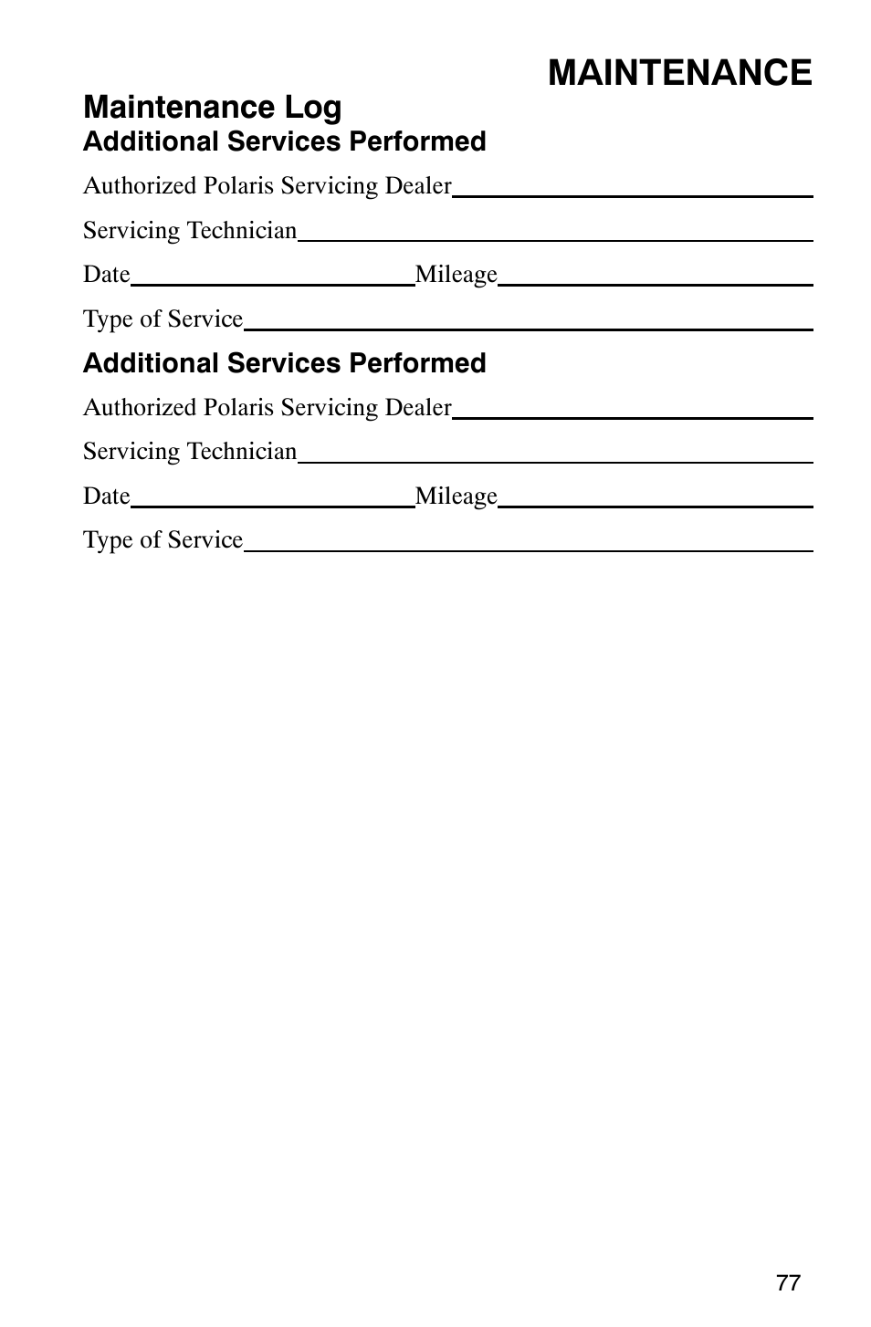 Maintenance, Maintenance log | Polaris 340 Classic User Manual | Page 79 / 144