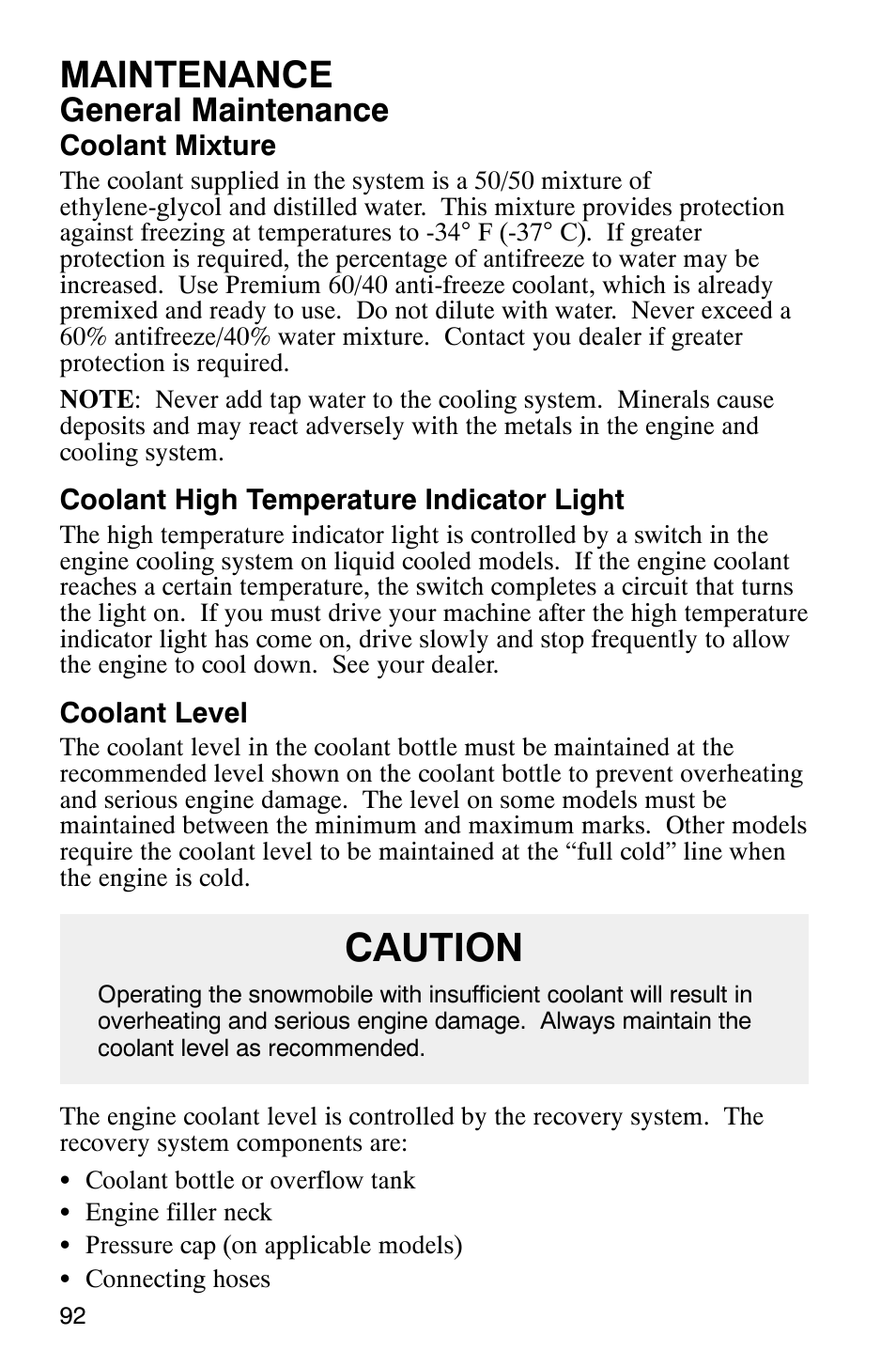 Caution, Maintenance, General maintenance | Polaris 340 Classic User Manual | Page 94 / 144