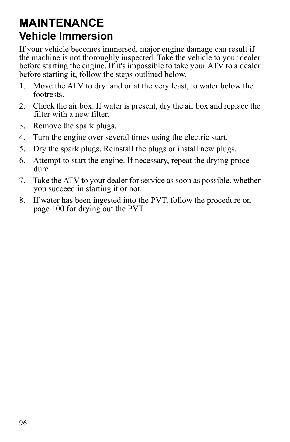 Maintenance, Vehicle immersion | Polaris Sportsman 9922249 User Manual | Page 100 / 138