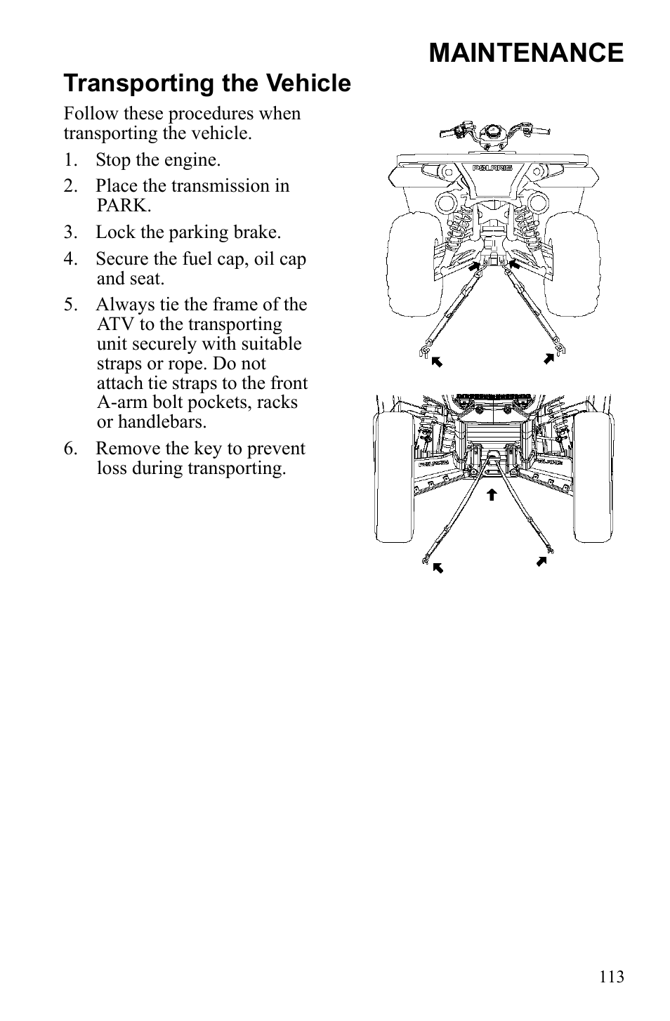 Maintenance, Transporting the vehicle | Polaris Sportsman 9922249 User Manual | Page 117 / 138