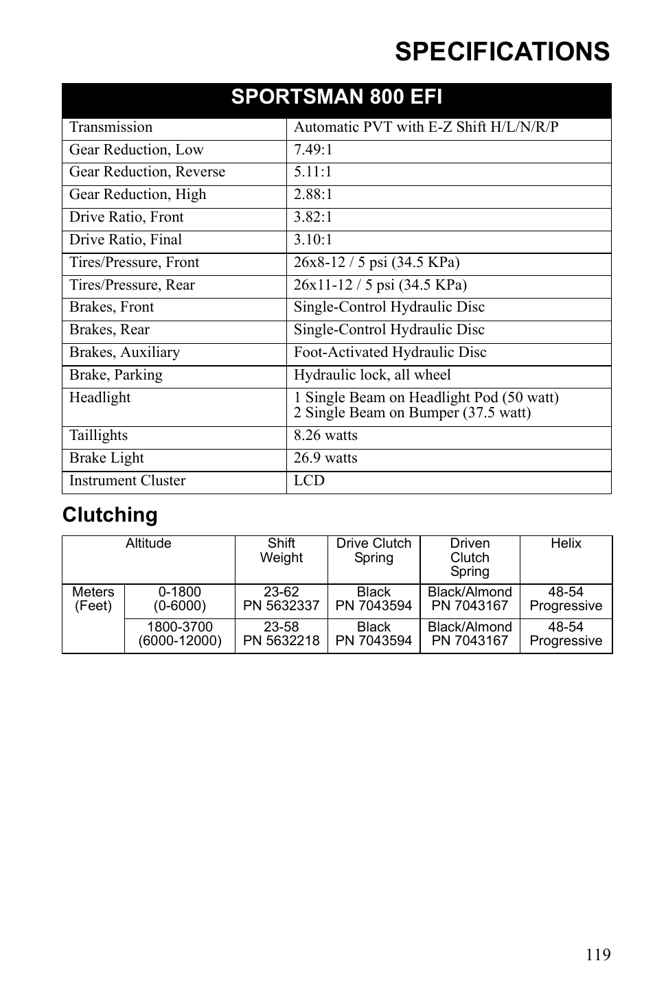 Specifications, Clutching sportsman 800 efi | Polaris Sportsman 9922249 User Manual | Page 123 / 138