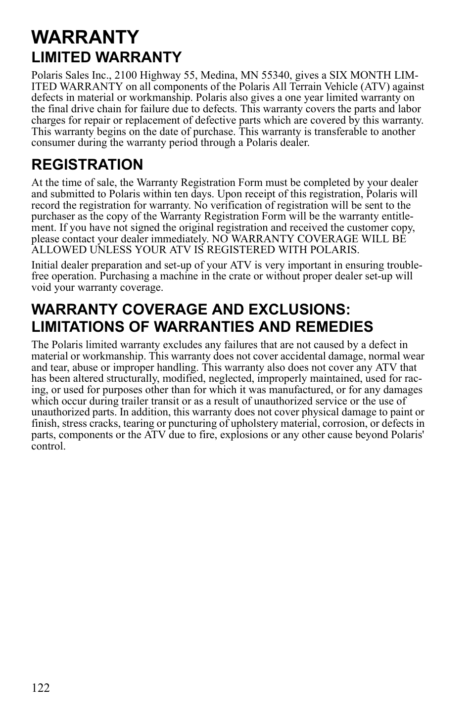 Warranty, Limited warranty, Registration | Polaris Sportsman 9922249 User Manual | Page 126 / 138