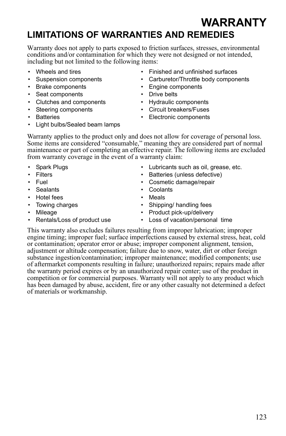 Warranty, Limitations of warranties and remedies | Polaris Sportsman 9922249 User Manual | Page 127 / 138