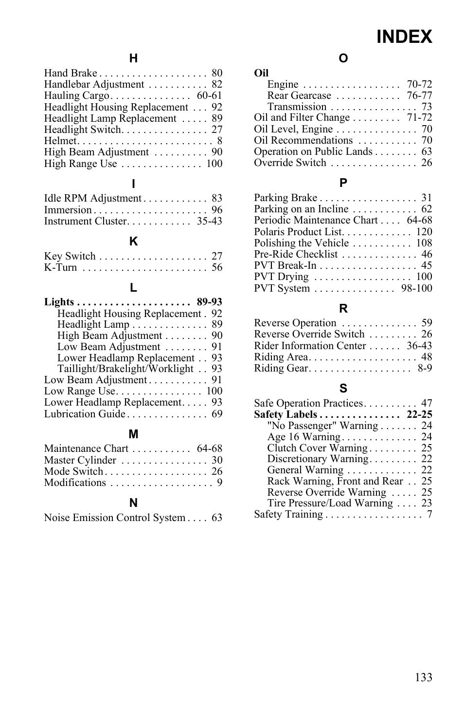 Index | Polaris Sportsman 9922249 User Manual | Page 137 / 138