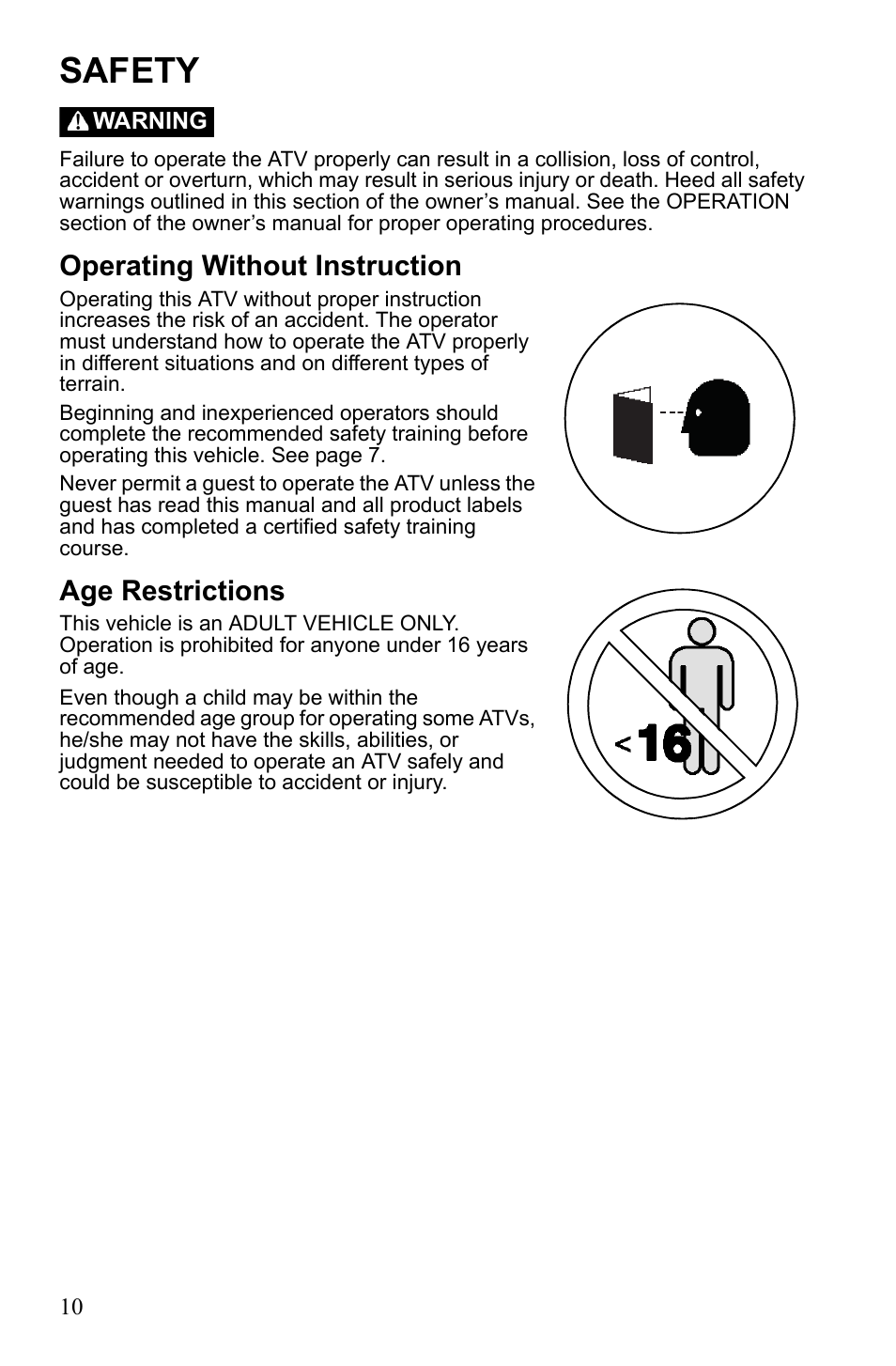 Safety, Operating without instruction, Age restrictions | Polaris Sportsman 9922249 User Manual | Page 14 / 138