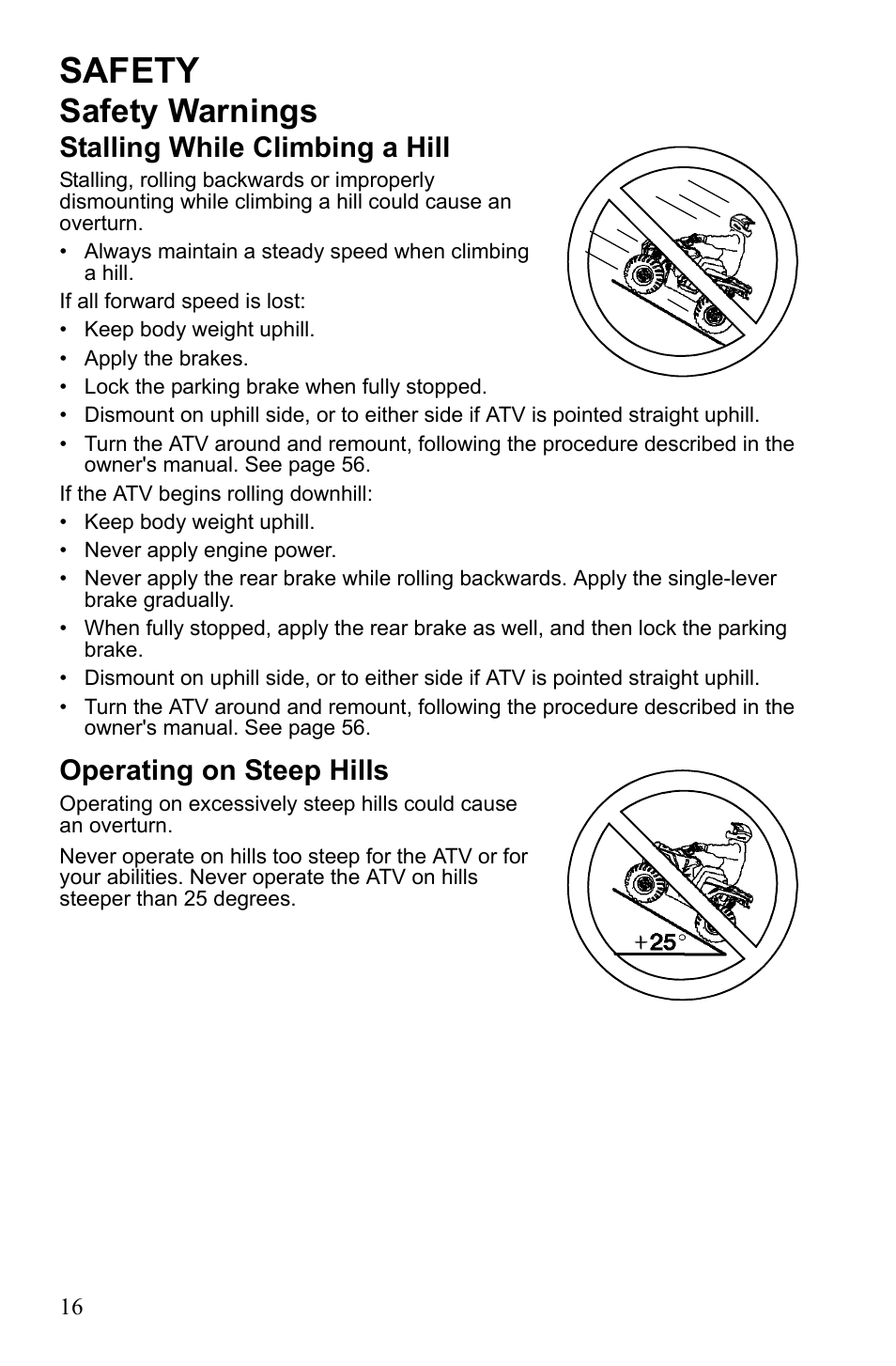 Safety, Safety warnings, Stalling while climbing a hill | Operating on steep hills | Polaris Sportsman 9922249 User Manual | Page 20 / 138