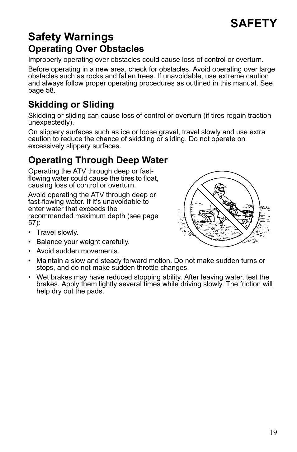 Safety, Safety warnings, Operating over obstacles | Skidding or sliding, Operating through deep water | Polaris Sportsman 9922249 User Manual | Page 23 / 138