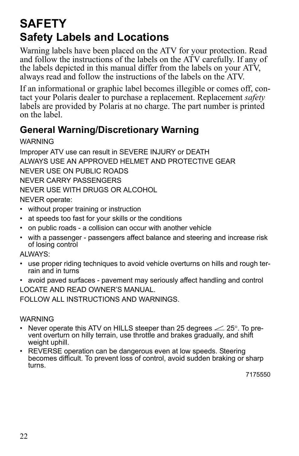 Safety, Safety labels and locations, General warning/discretionary warning | Polaris Sportsman 9922249 User Manual | Page 26 / 138