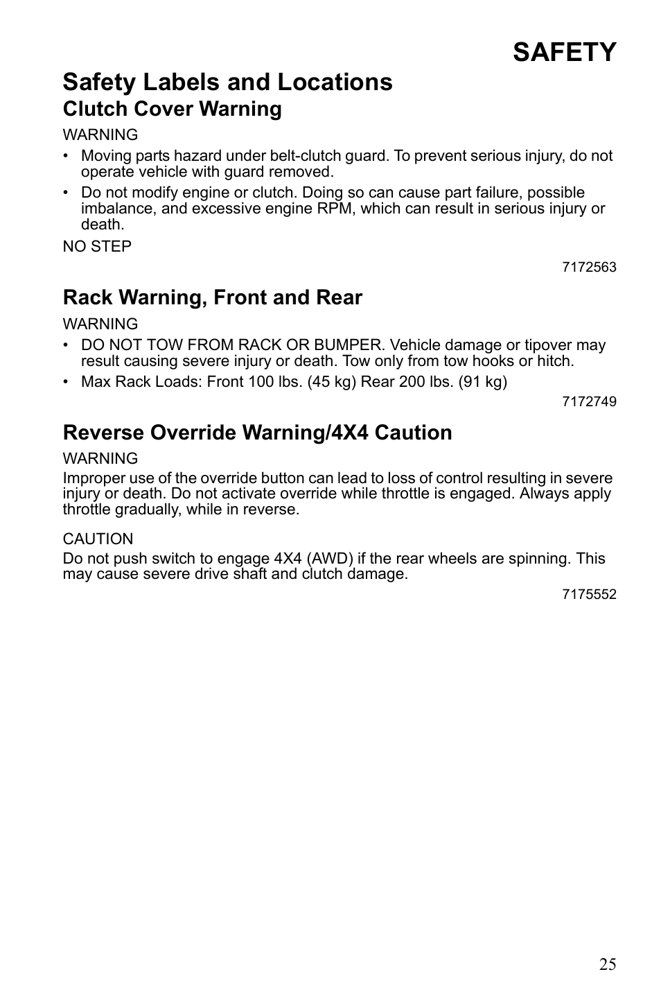 Safety, Safety labels and locations, Clutch cover warning | Rack warning, front and rear, Reverse override warning/4x4 caution | Polaris Sportsman 9922249 User Manual | Page 29 / 138