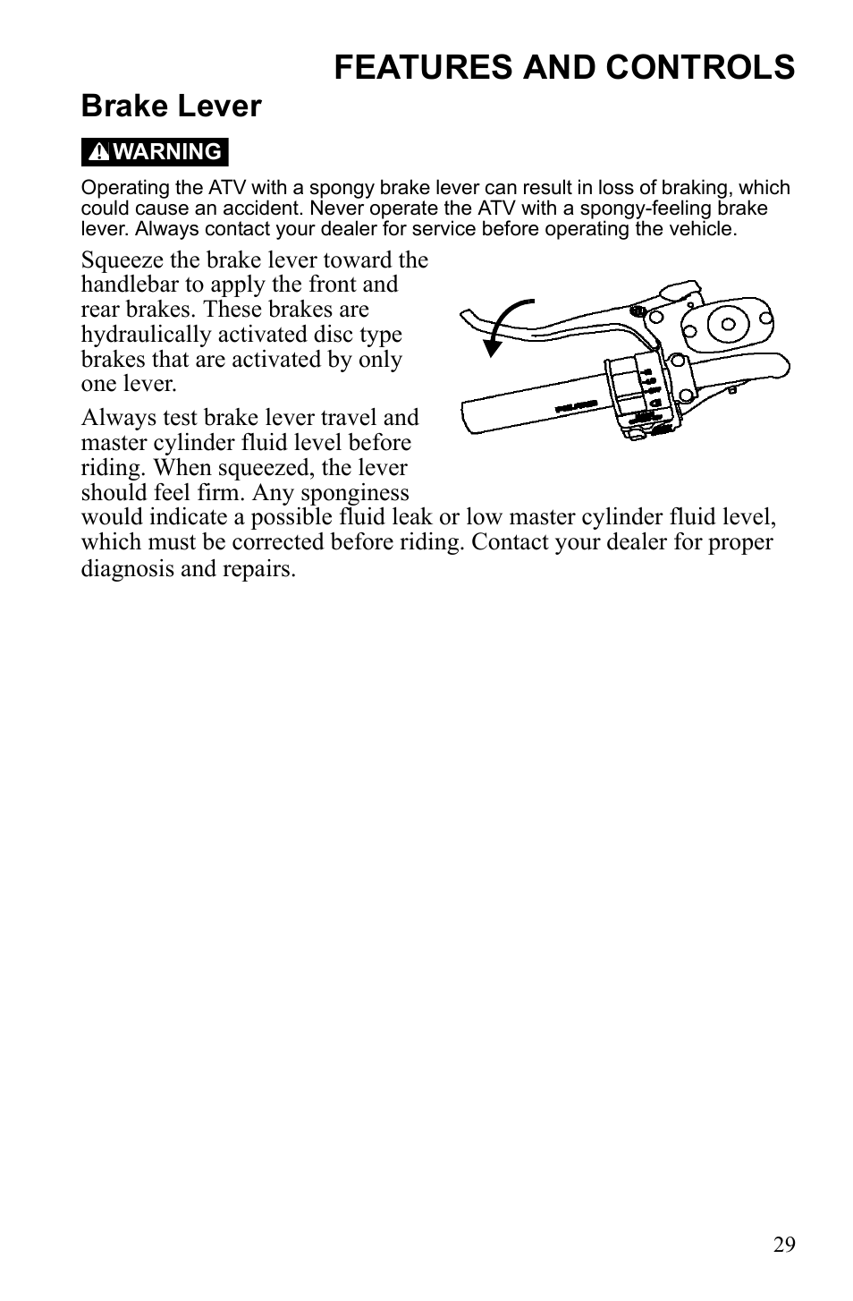 Features and controls, Brake lever | Polaris Sportsman 9922249 User Manual | Page 33 / 138