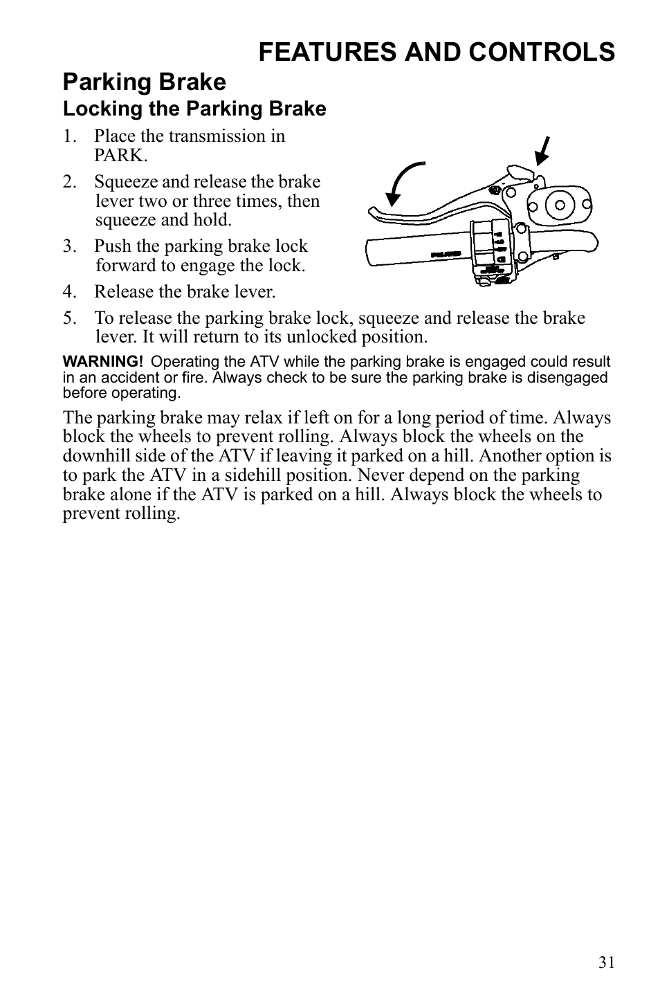 Features and controls, Parking brake | Polaris Sportsman 9922249 User Manual | Page 35 / 138