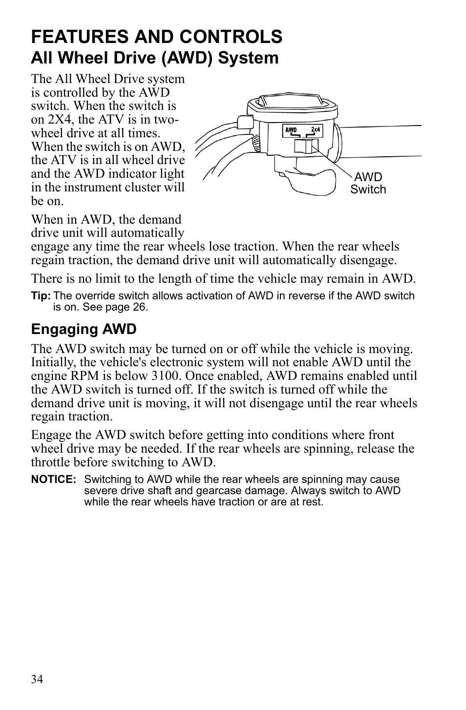 Features and controls, All wheel drive (awd) system | Polaris Sportsman 9922249 User Manual | Page 38 / 138