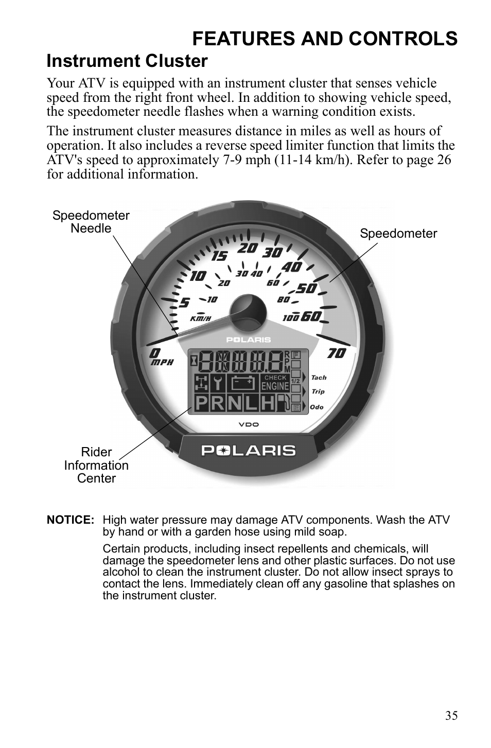 Features and controls, Instrument cluster | Polaris Sportsman 9922249 User Manual | Page 39 / 138