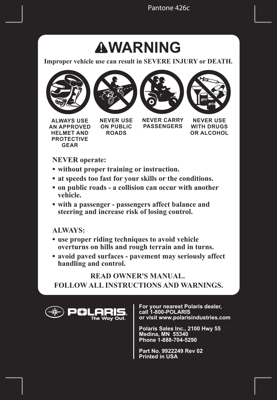 Warning, Pantone 426c | Polaris Sportsman 9922249 User Manual | Page 4 / 138