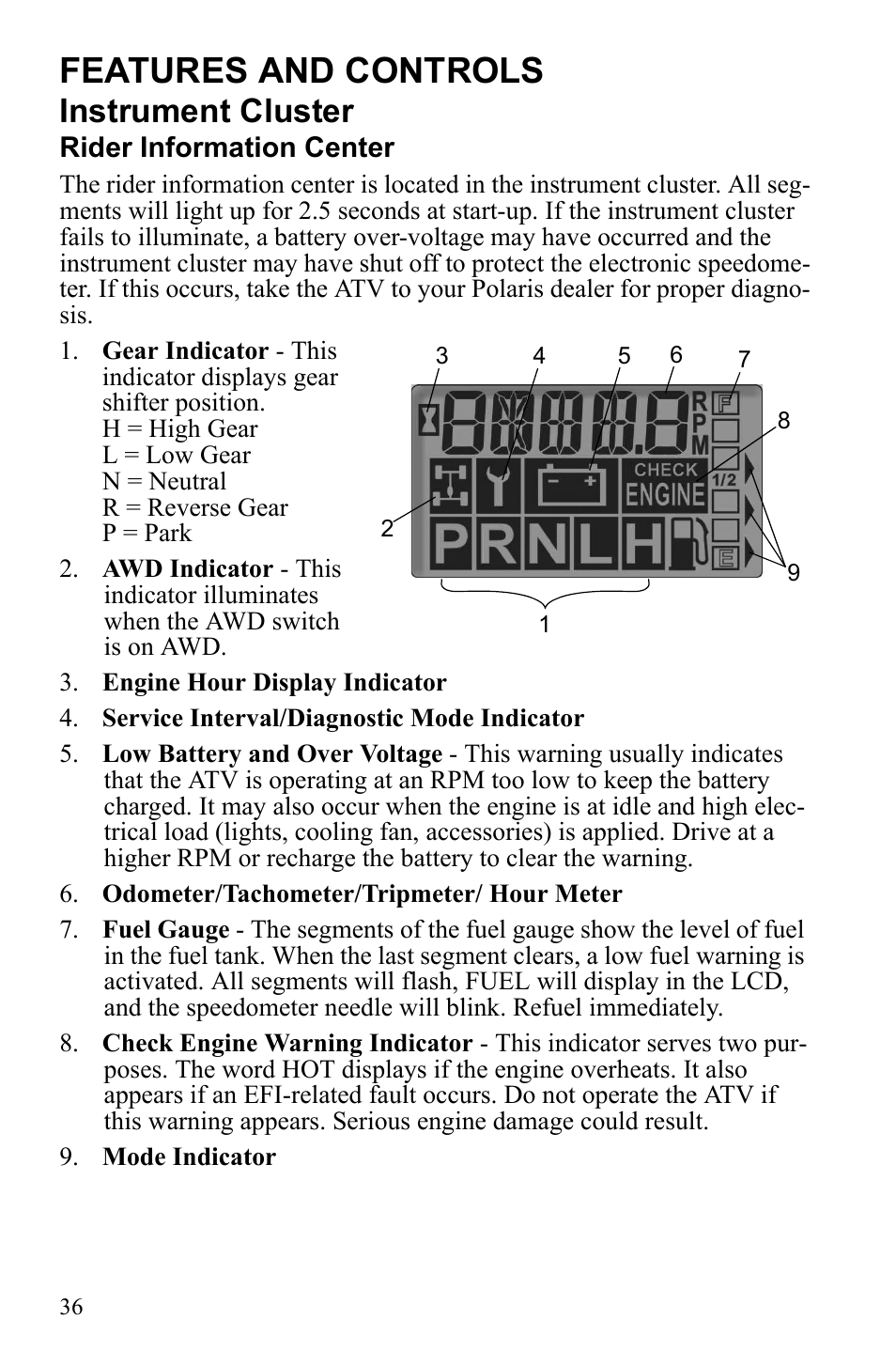 Features and controls, Instrument cluster | Polaris Sportsman 9922249 User Manual | Page 40 / 138