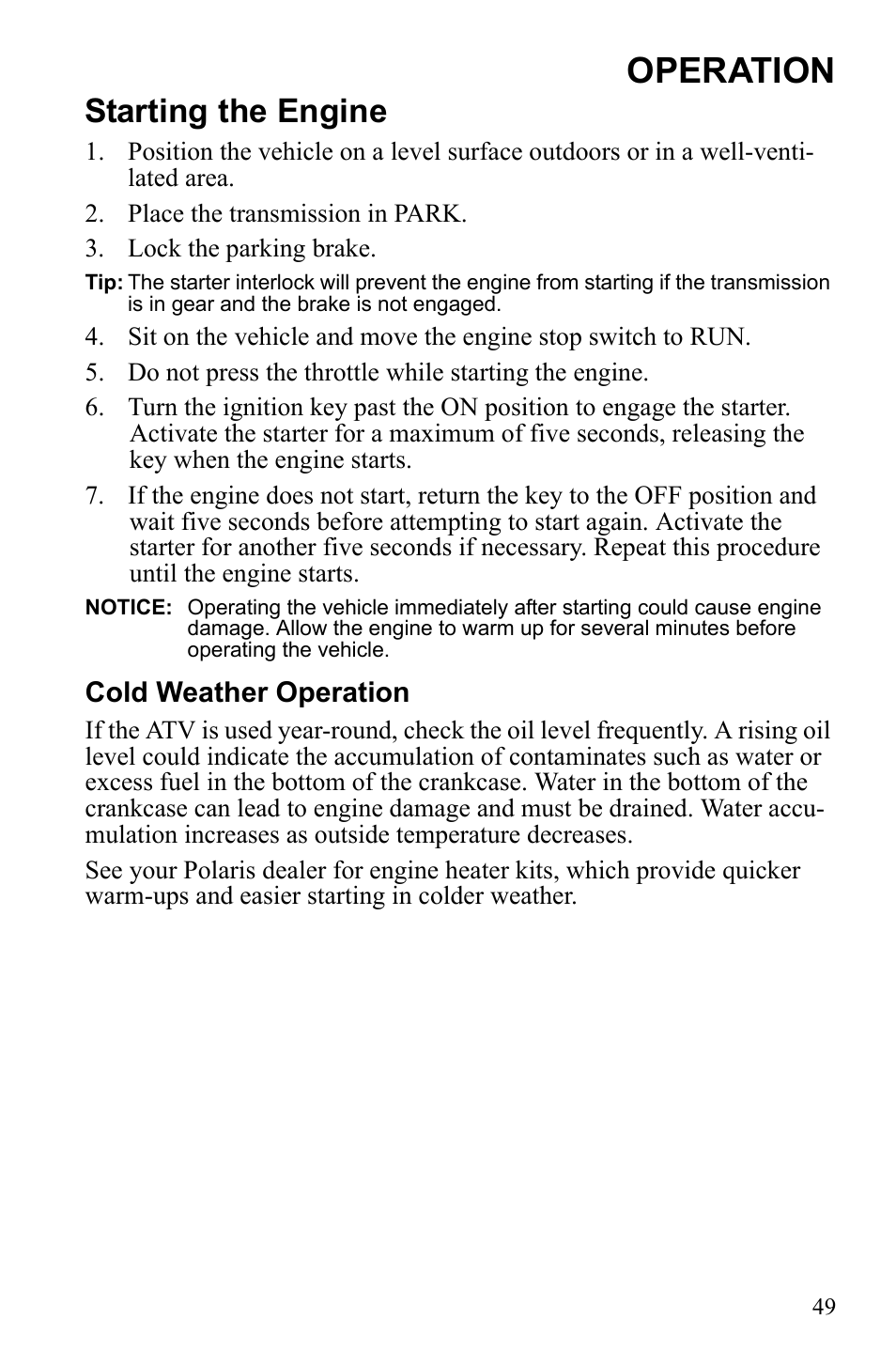 Operation, Starting the engine | Polaris Sportsman 9922249 User Manual | Page 53 / 138