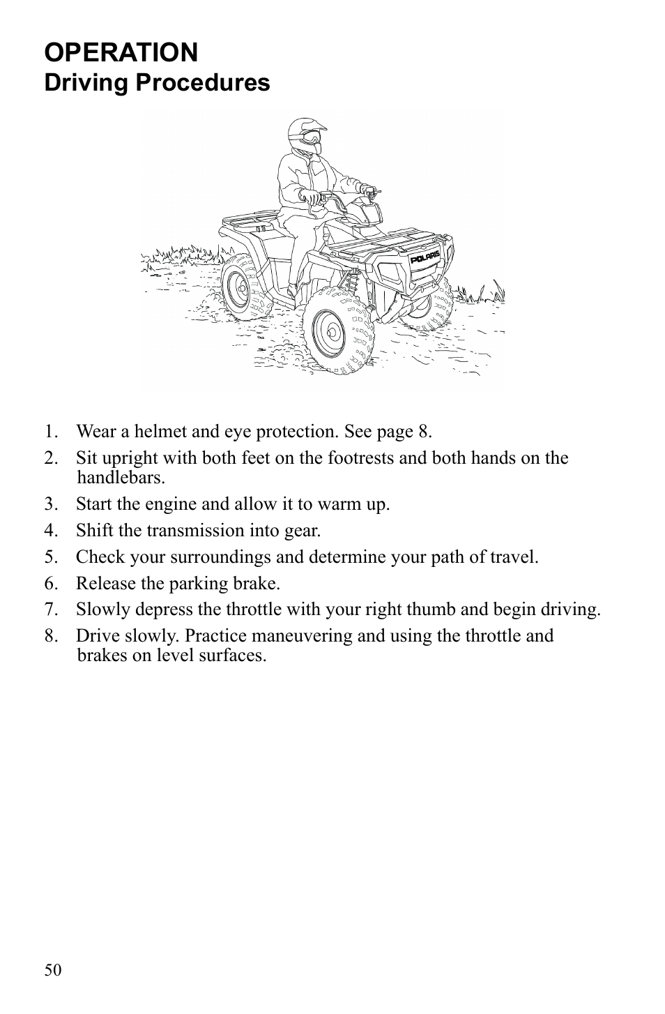 Operation, Driving procedures | Polaris Sportsman 9922249 User Manual | Page 54 / 138