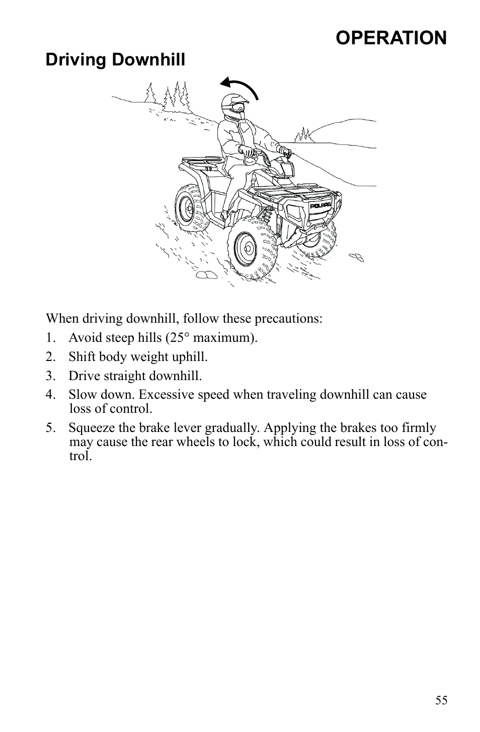 Operation, Driving downhill | Polaris Sportsman 9922249 User Manual | Page 59 / 138