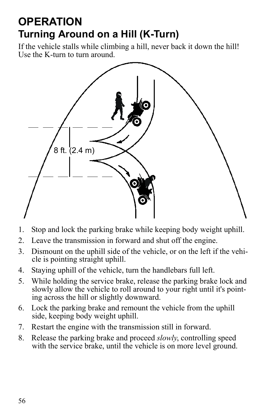 Operation, Turning around on a hill (k-turn) | Polaris Sportsman 9922249 User Manual | Page 60 / 138
