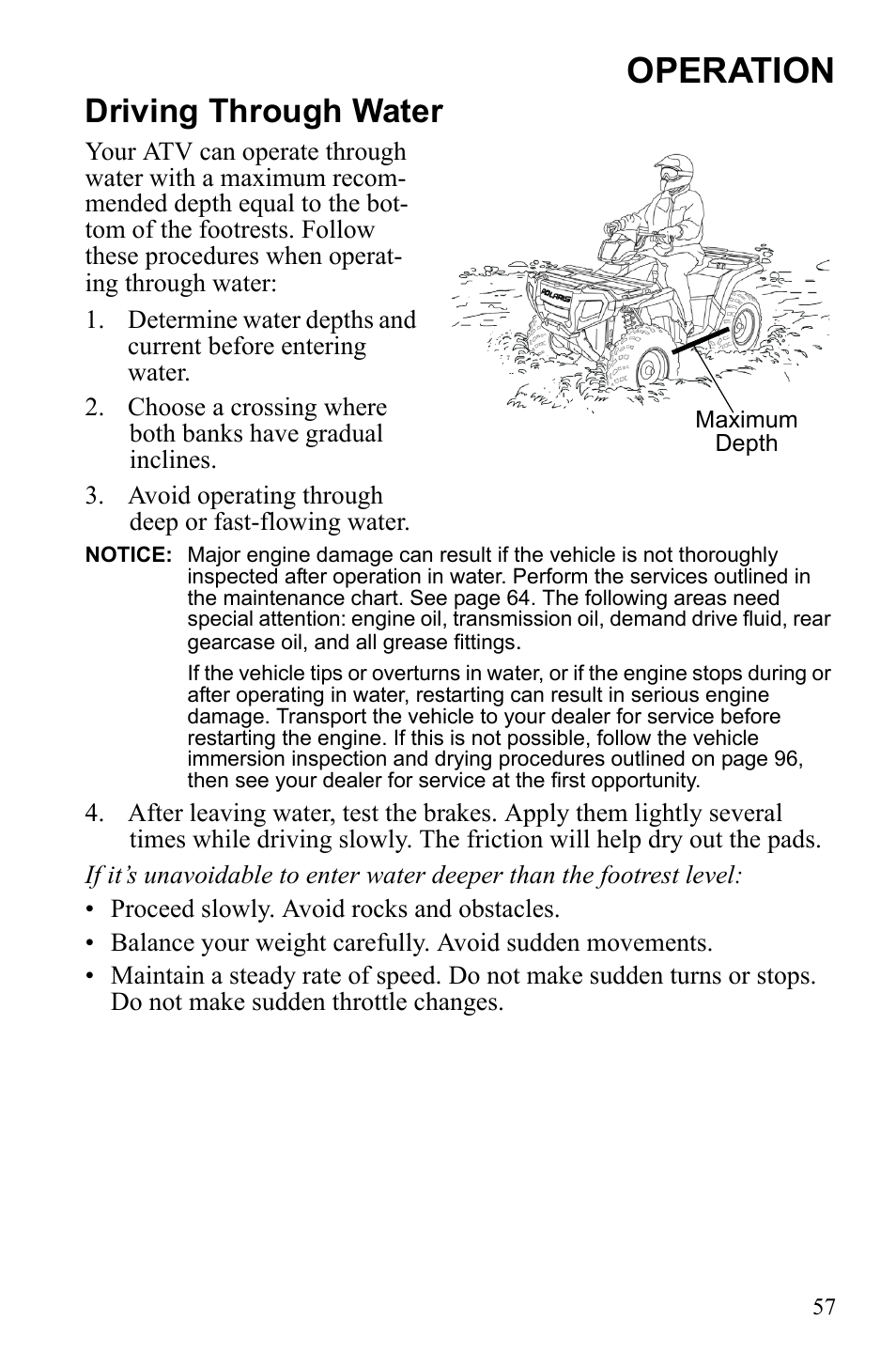 Operation, Driving through water | Polaris Sportsman 9922249 User Manual | Page 61 / 138