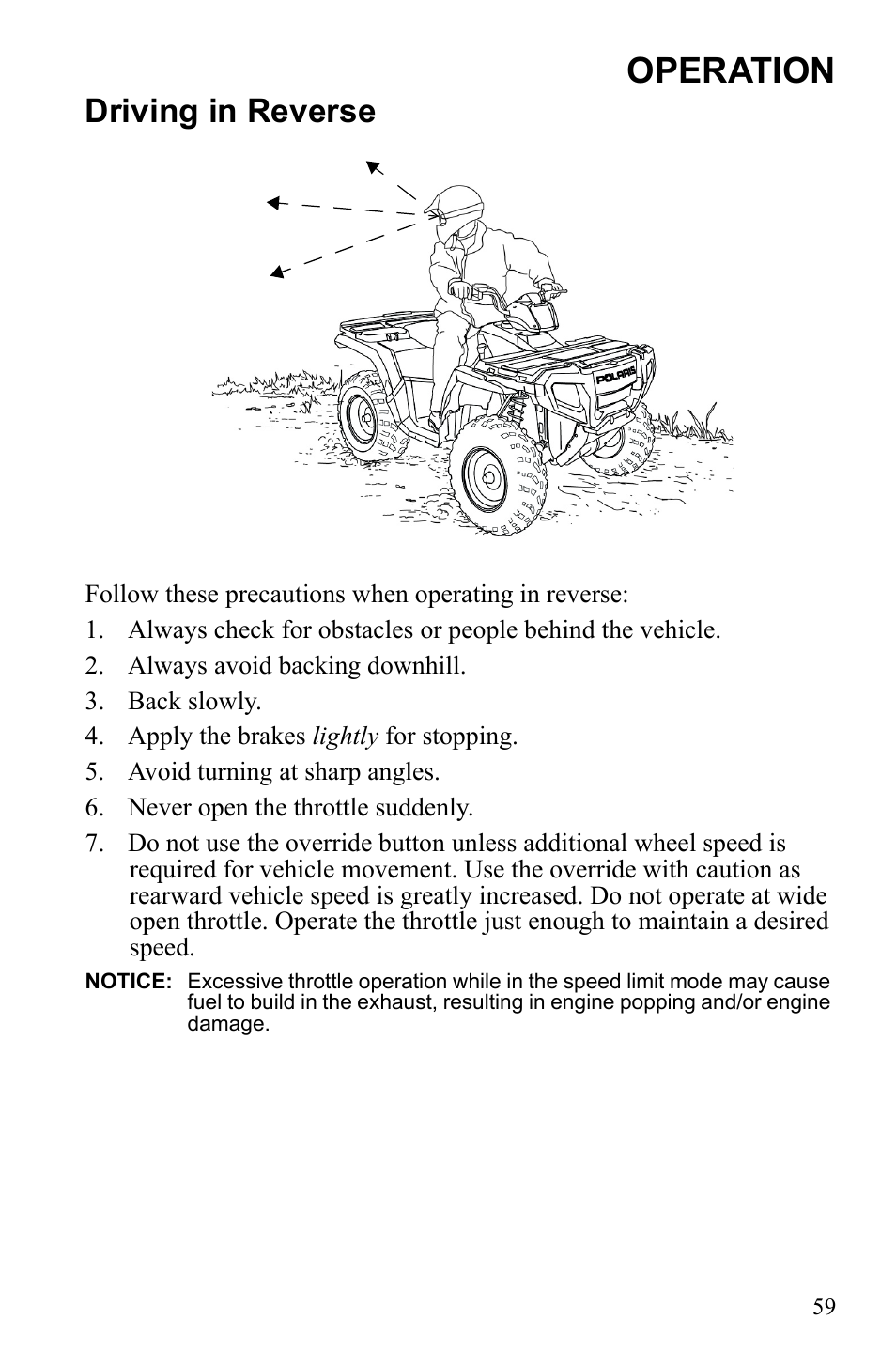 Operation, Driving in reverse | Polaris Sportsman 9922249 User Manual | Page 63 / 138