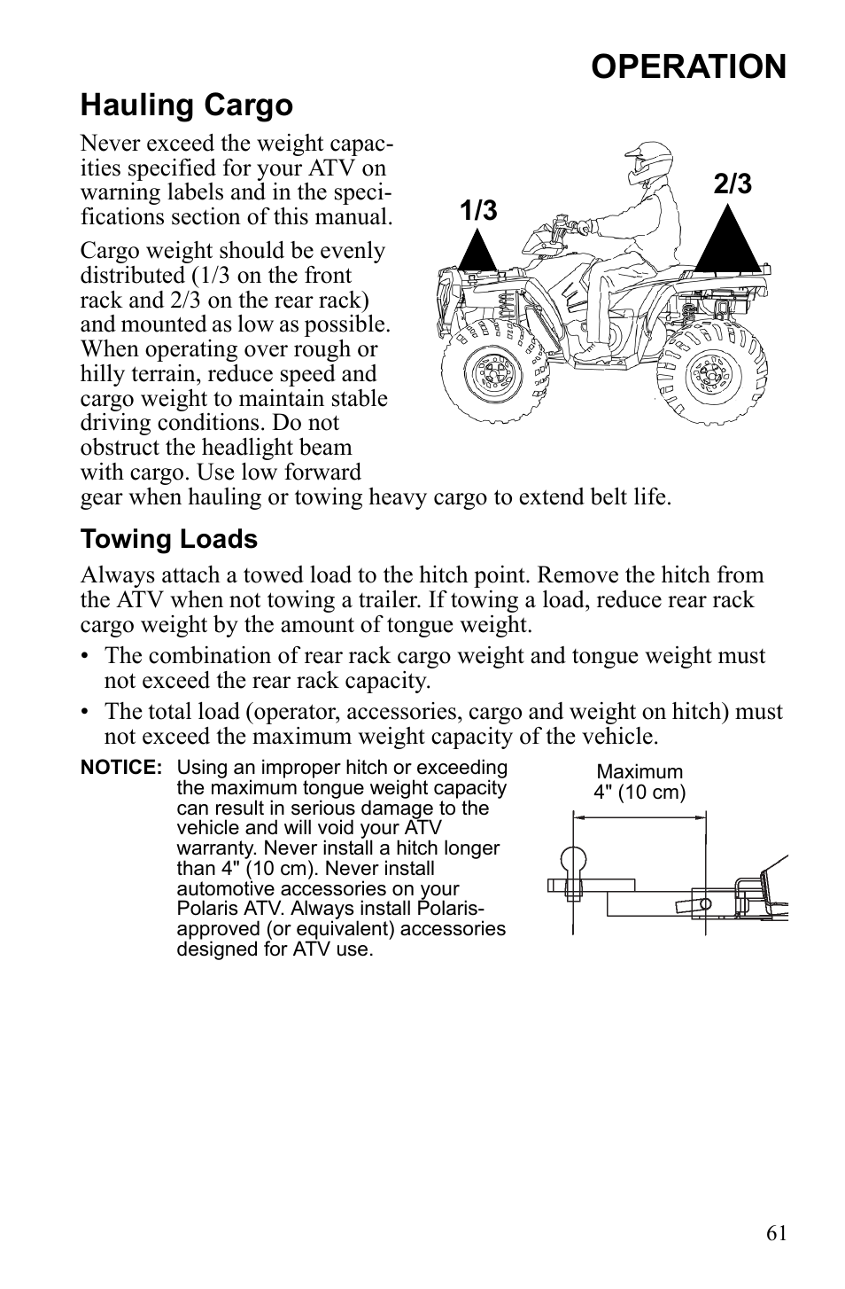 Operation, Hauling cargo, Towing loads | Polaris Sportsman 9922249 User Manual | Page 65 / 138
