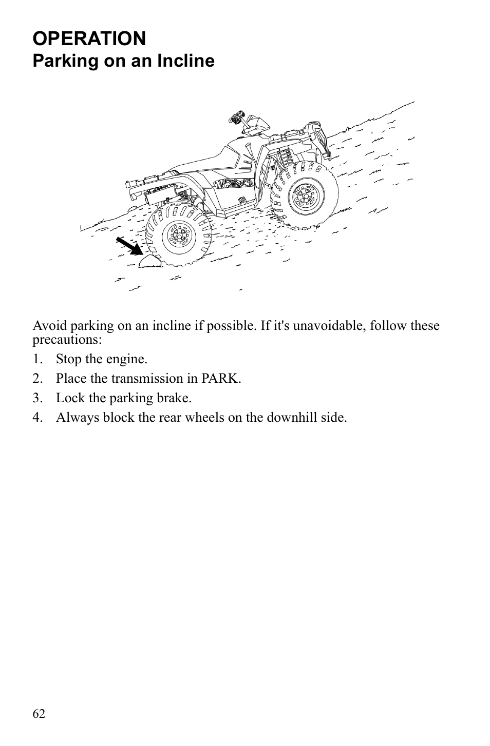 Operation, Parking on an incline | Polaris Sportsman 9922249 User Manual | Page 66 / 138