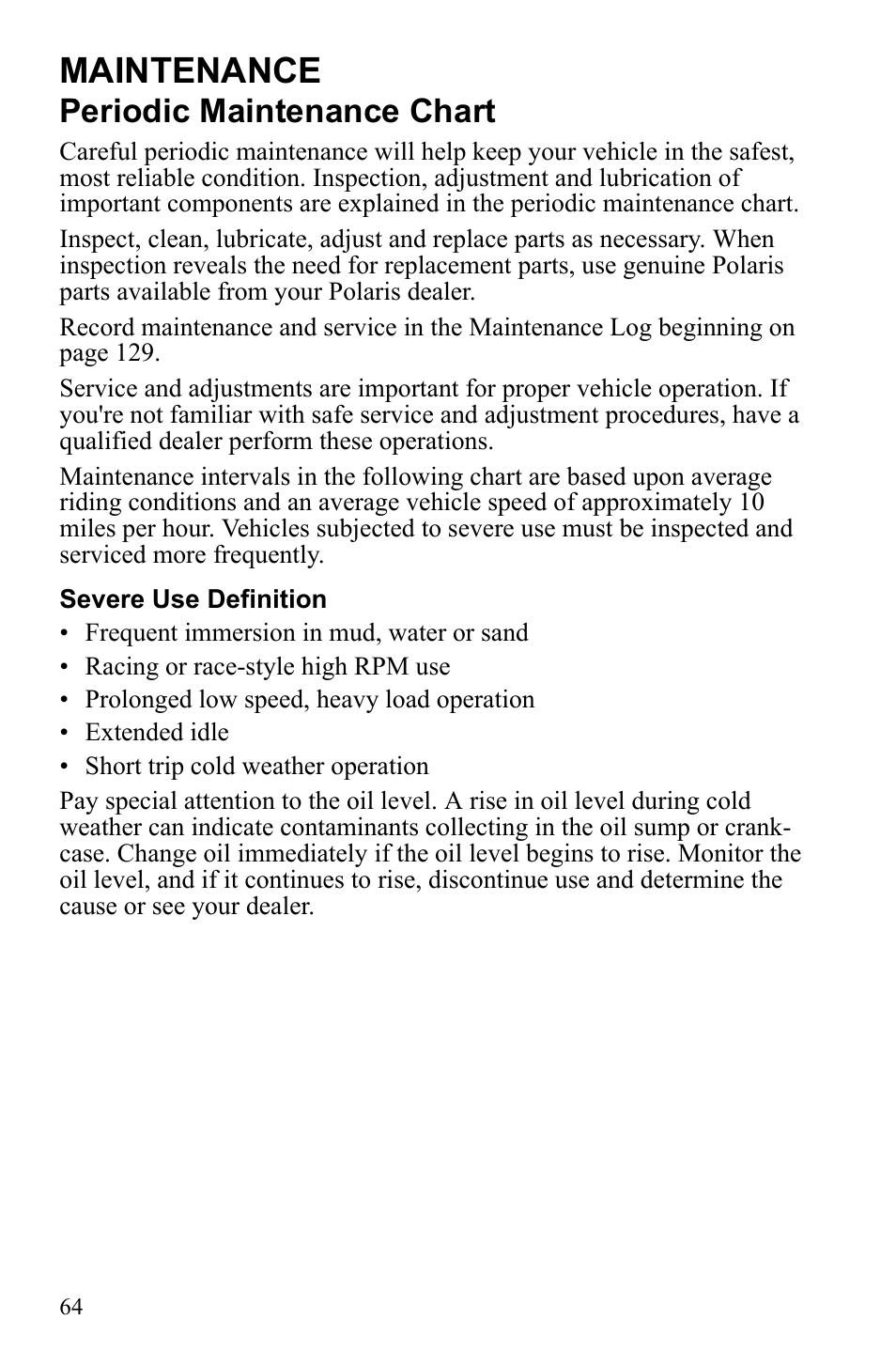 Maintenance, Periodic maintenance chart | Polaris Sportsman 9922249 User Manual | Page 68 / 138