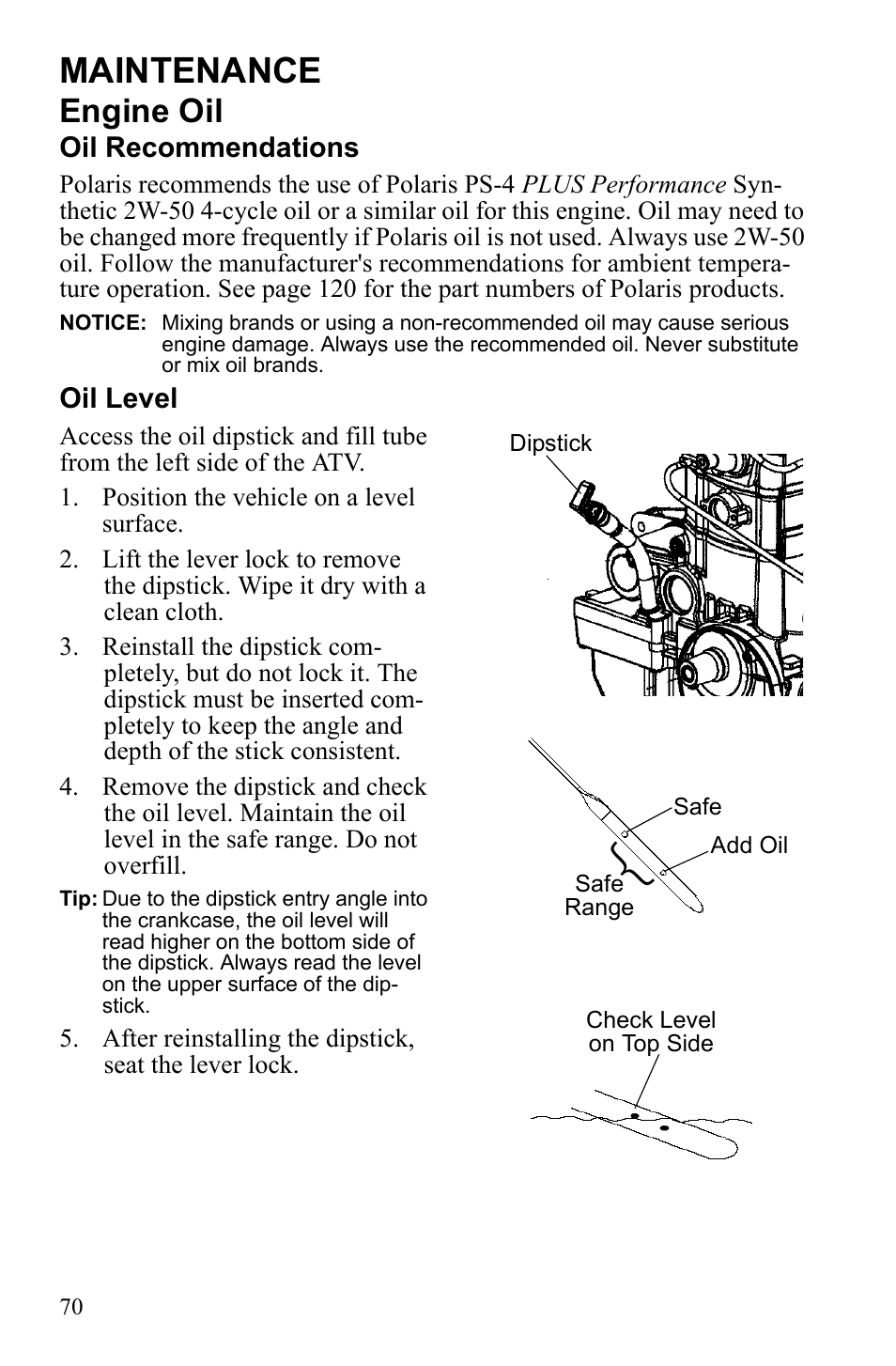 Maintenance, Engine oil | Polaris Sportsman 9922249 User Manual | Page 74 / 138